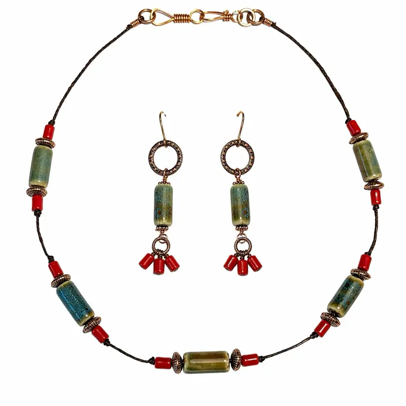 B de Artiste Jewelry Set - Elegant Boho Earth Harmony 2-Piece Necklace & Hook Earrings with Czech Glass, Ceramic, Handmade Copper on Leather for Daily Wear