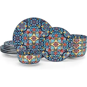 12 count Dinnerware Sets, Red Plates and Bowls Set, Porcelain Dishes Set for 4, Microwave and Dishwasher Safe, Scratch Resistant, Bohemian Style Dining Ware Service for 4, Series SIMI