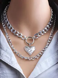 Women's Hip Hop Heart Pendant Necklace Set, Metal Chain Jewelry for Women & Girls, Trendy Party Gift for Her