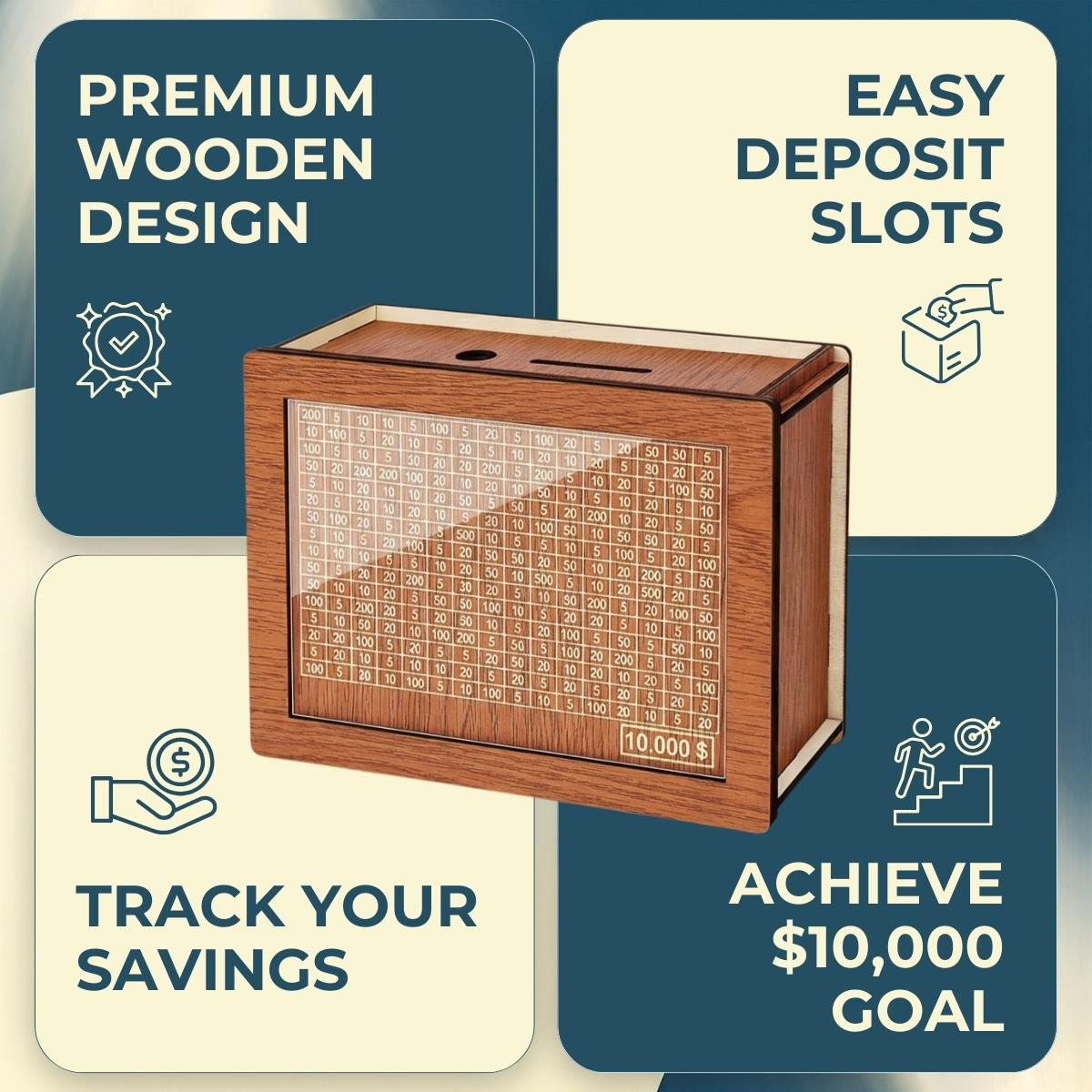 Wooden Cash Money Saving Box for Kids & Adults - Reusable $10,000 Savings Challenge Box with Progress Tracker & Cash Vault, Educational Piggy Bank Gift for Boys Girls