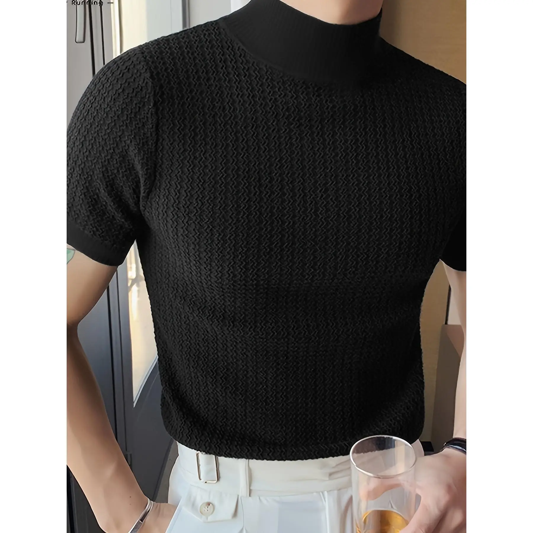 Men's Classic Design Stripe Print Turtle Neck And Short Sleeve T-shirt In Solid Color, Leisure Tops For Casual And Daily Outerwear