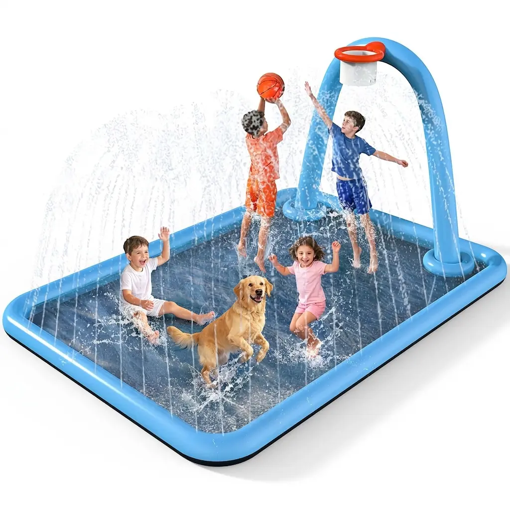Extra Large 110"x91" Water Playset - 2-in-1 Backyard Inflatable Pool & Sports Mat with Anti-Slip Surface, Basketball Hoop, Sprinkler Arch, Lightweight Ball, Garden Hose Compatibility, Easy Setup for Families’ Summer Fun