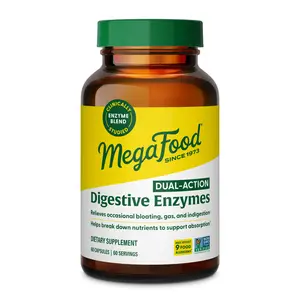 MegaFood Dual-Action Digestive Enzymes with Clinically studied Digezyme. 5 Enzyme Blend Supports Relief from Occasional Indigestion, Heartburn, Regurgitation, and Nausea. 60 day supply