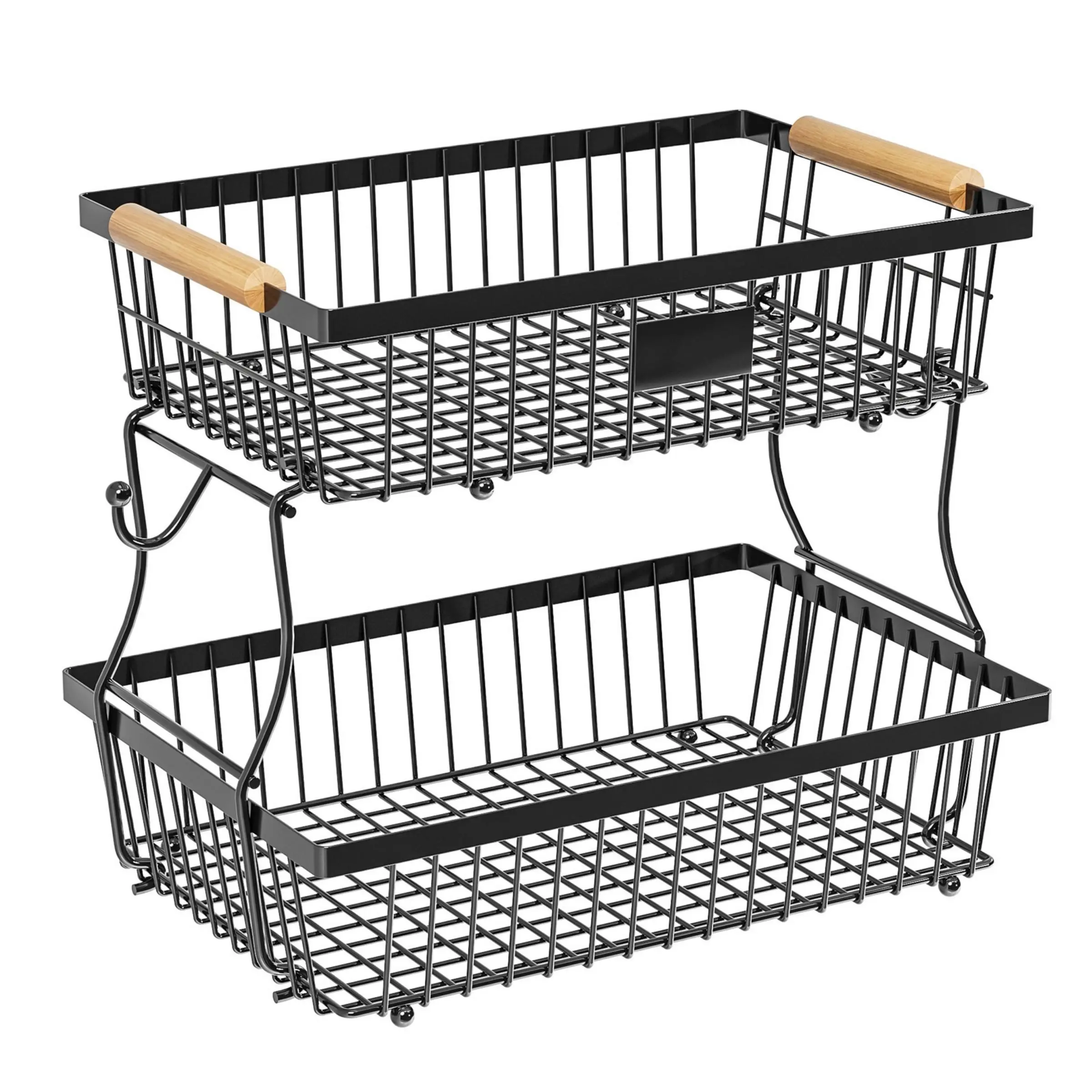 2 Tier Countertop Fruit Basket with 2 Banana Hanger, Detachable Metal Organizer for Bread Vegetable Fruits with Wooden Handle, Large Capacity Rectangular Storage Basket, Wire Storage Basket