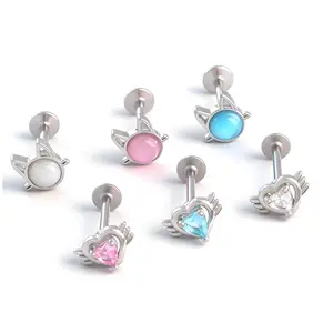 HERVAY 16G/10MM Lips/Ear Ring - Stainless Steel Pink/White/Blue Crystal - Cute Cat & Winged Heart - Suitable for Helix/Conch/Nose Piercing - Unisex Jewelry