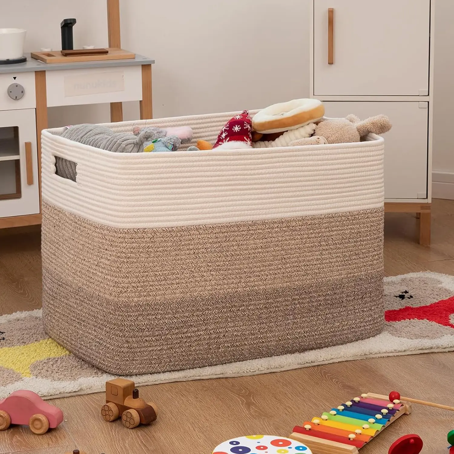 61L Large Cotton Rope Basket, Rectangle Woven Baskets for Storage, Nursery Blanket Storage Living Room, Toy Basket With Handle-24″x13″x12.2″