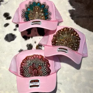 Otto Western Feather Crown Trucker Hat Light Pink - 1970s Inspired Semi-Structured Foam Hat with Unique Feather Design Snap Closure & Curved Visor