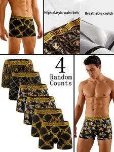 4 pcs Random Luxury black gold printed mid waist flat angle underwear, Soft, breathable - elastic sports shorts, Suitable for daily wear and running exercise.