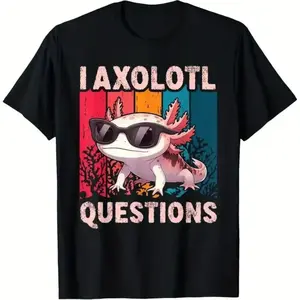 I Axolotl Questions Retro Graphic T-Shirt – Fun Casual Short Sleeve Tee with Bold Colorful Design, Round Neck, Soft Stretch Fabric, Perfect for Summer Men's Crew Neck Short Sleeve T-Shirts Cotton Printed Round Neck T-Shirt