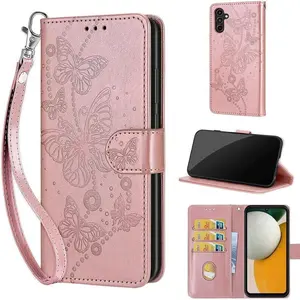 Designed for Samsung Galaxy A15 5G Case Wallet,Women Flip Folio Cover with Embossed PU Leather Stand Credit Card Holders Slots Wrist Strap Phone Case for Samsung A15 5G/4G (Rose Gold Butterfly)