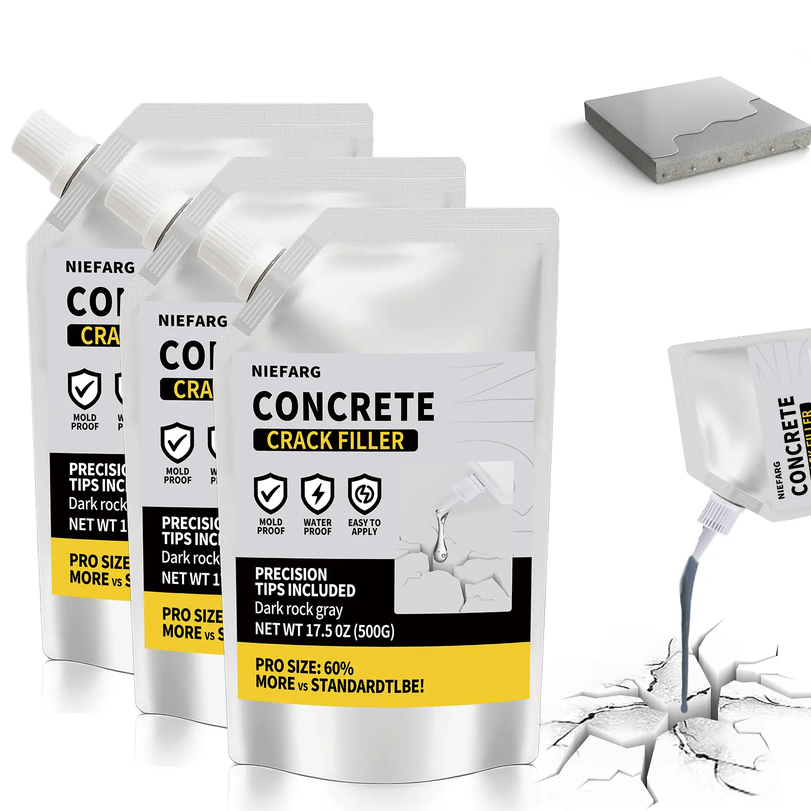 NIEFARG Professional Concrete Filler & Sealant - 17.6oz/35.3oz/53oz Quick Drying, Strong Adhesion Waterproof Adhesive for Driveway Repair, Self-Leveling Outdoor Surfaces Crack Spackling Paste, Elastic Fit Durability Enhancer