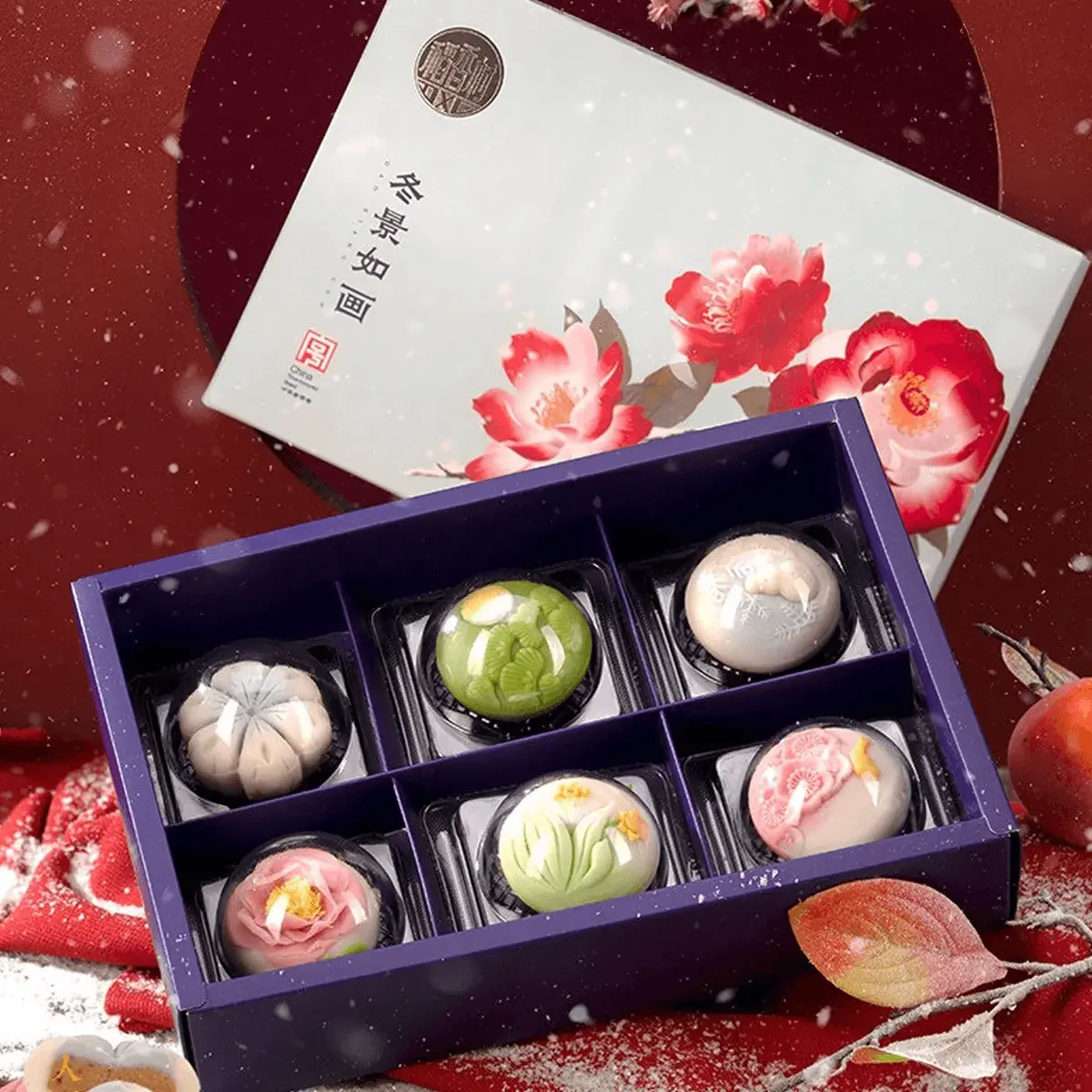 Dao Xiang Cun "Winter Scenery" Mooncake Gift Box - 6pcs Peach Mountain Pastries, 300g - Exquisite Chinese Mid-Autumn Festival Tea Snacks