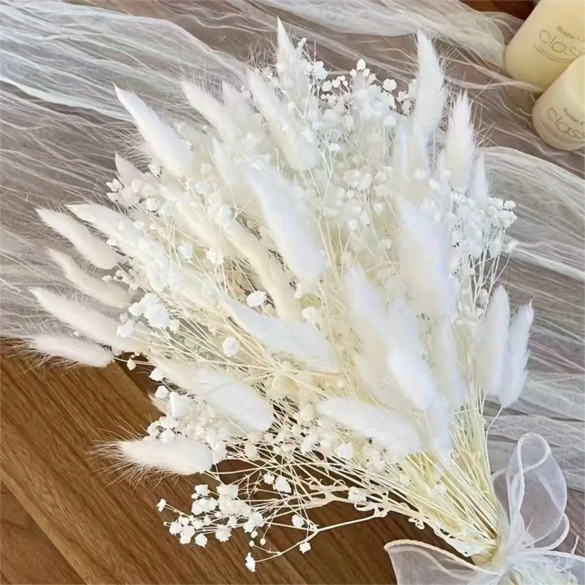 White Dried Flower Bouquet with Baby’s Breath & Bunny Tails, Boho Wedding Bouquet for Bride, Bridal Shower Centerpiece, Mother’s Day Graduation Gift, Elegant Home Decor