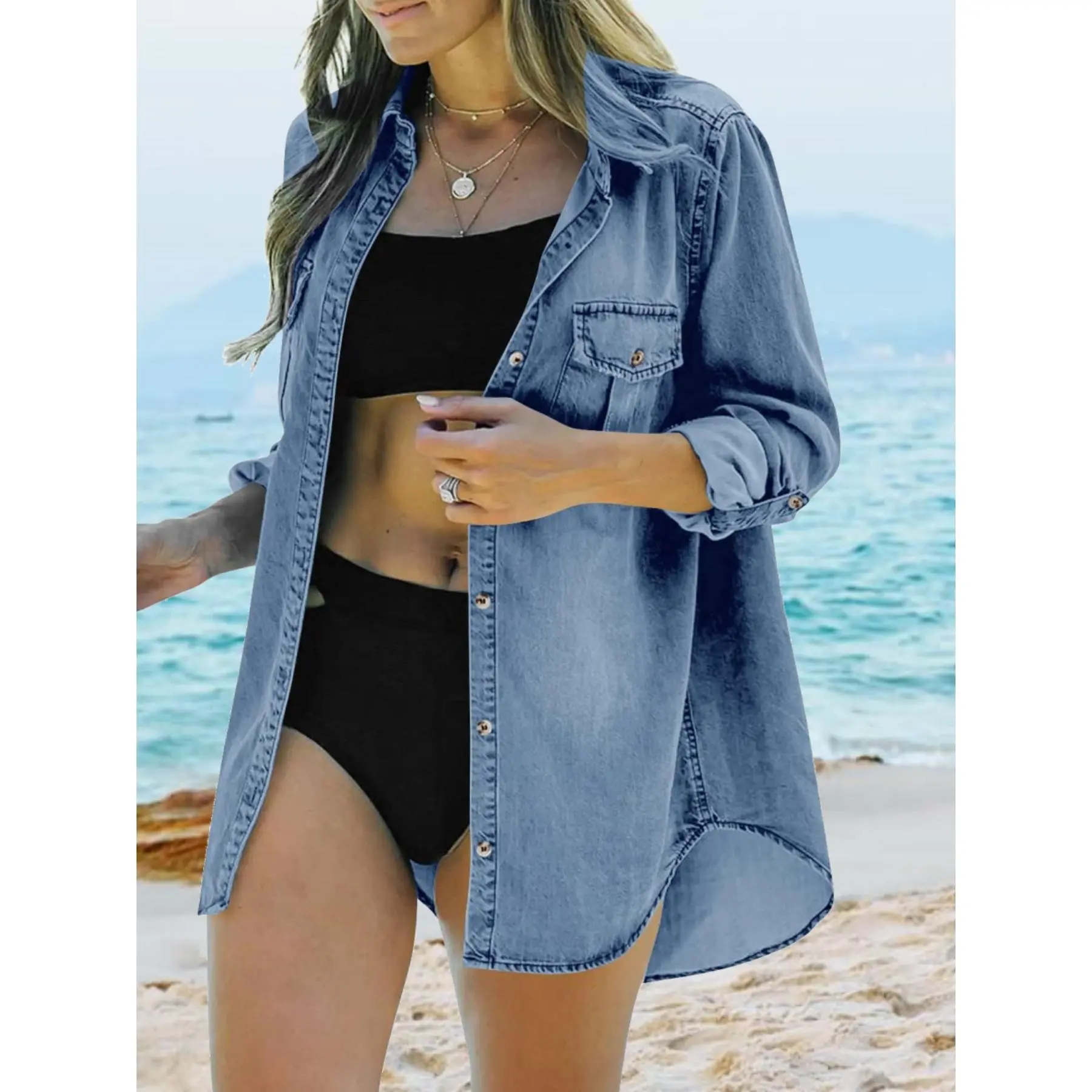 Womens Button Down Denim Shirt Long Sleeve Roll Up Casual Oversized Jean Shirt Jacket Distressed Tunic Tops