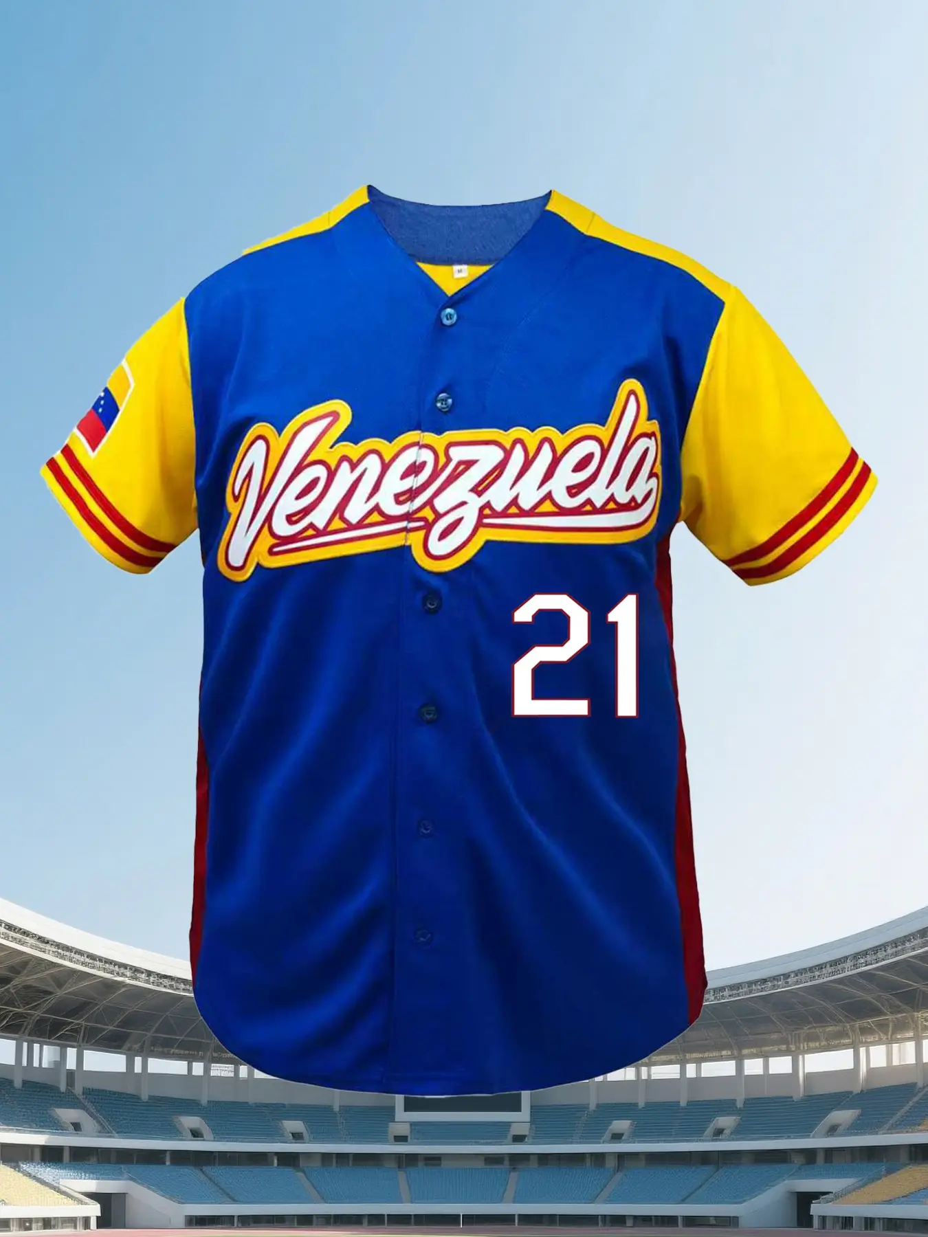 Venezuela #21 Multi-color Classic Baseball Jersey, Casual Short Sleeve V-neck Breathable Sport Shirt, Sports Top, Sports Clothing, Loose Fit with Number & Letter Embroidery, Button Front Cardigan Style, Ideal for Outdoor Sports