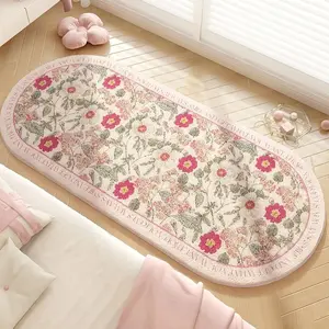 1pc French Retro Floral Pattern Bedside Oval Decorative Rug Girly Style Bedroom Decoration Carpet Pastoral Style Living Room Pink Plush Carpet Home Fluffy Soft Entrance Door Anti-slip Floor Mat Floral Washable Rug