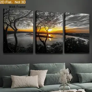 3-piece Set Modern Sunset Landscape Art, Dusk Hometown Canvas Painting and Poster Combination, Ready-to-Hang High-Definition Printed Wall Decoration