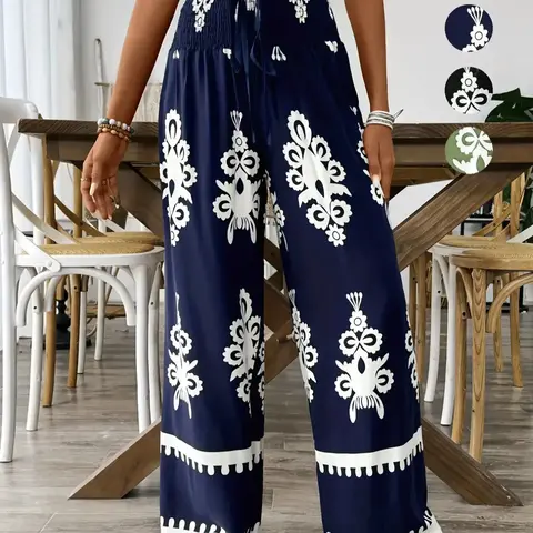Women's Ethnic Pattern Shirred Tie Front Wide Leg Pants Comfy High Waist Trousers for Daily Holiday Vacation Wear, Ladies Casual Chic Bottoms for All Seasons, Boho Style Fashion Trousers, Bohemian Boho Trousers