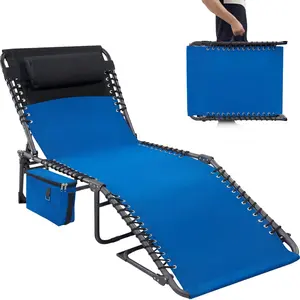 Blue/Grey Foldable Outdoor Tanning Lounge Chair, 5-Position Adjustable Lay Flat Recliner with Soft Pillow and Side Storage Pocket, Lightweight Portable Design, Comfy Foldable Lounger for Beach, Patio, Poolside and Outdoor Sun Bathing