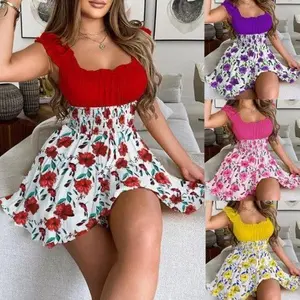 Women casual round neck sleepveless ruffles mini dress boho flower print beach sundress oversized loose dress summer dress Floral Red Womenswear Black