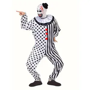 ATTBEA Men's Black White Spots Clown Jumpsuit with Mask and Hat Halloween Party Costume Polyester Woven Top Fabric Clothes Menswear Overall bee peach timothee chalamet morph suit denki kaminari hero