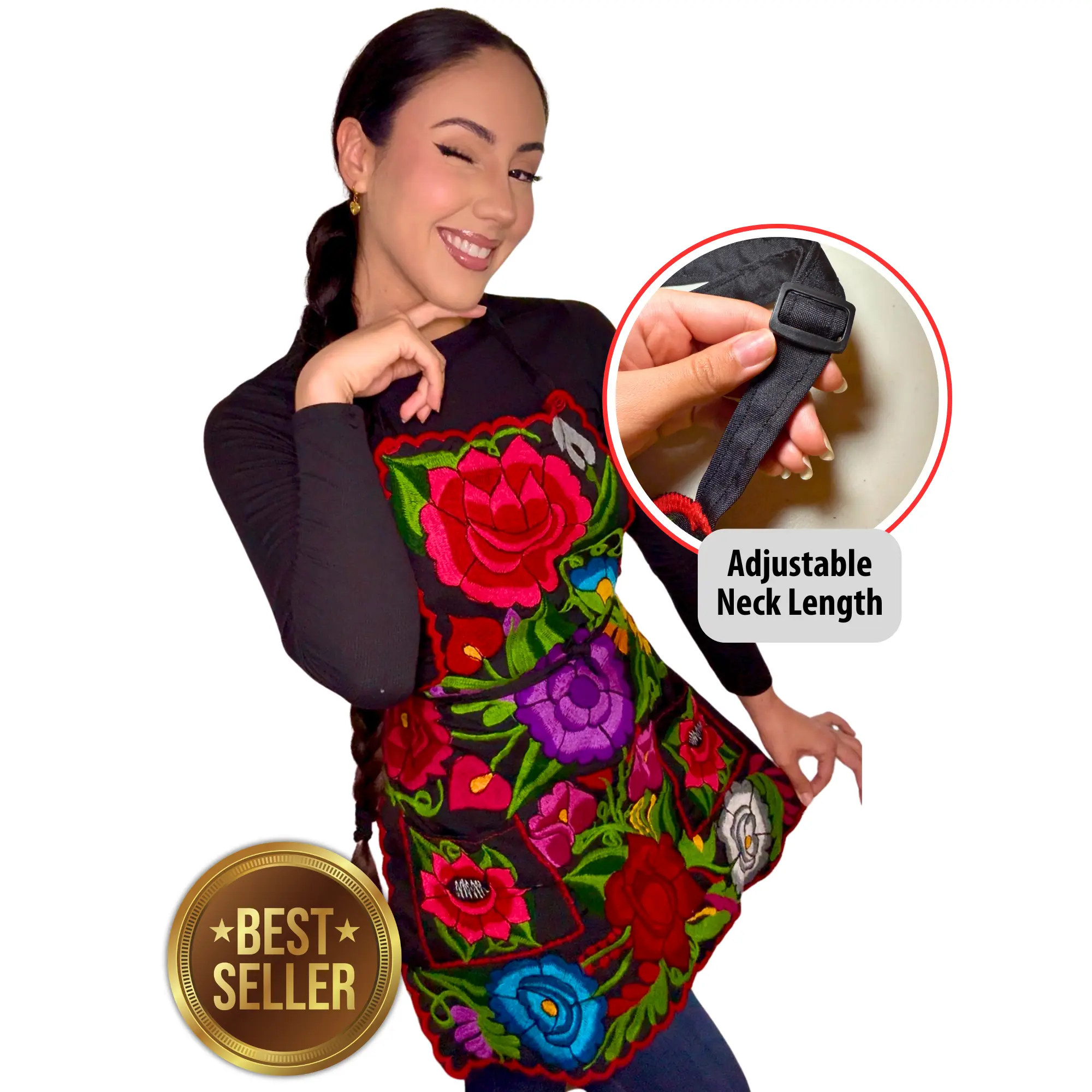 Mi Agenda Black Embroidered Kitchen Apron – Adjustable Fit, Made in Mexico Kitchen Cooking Aprons Baking Apron