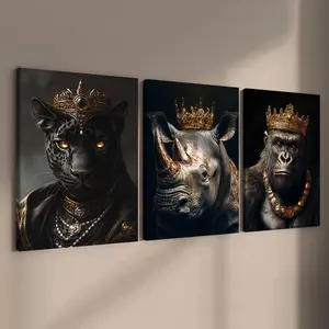 Animal & Crown Pattern Canvas Painting with Frame, 3 Counts/set Modern Animal Art Poster, Wall Art Decor for Home Living Room Bedroom Office, Ornaments