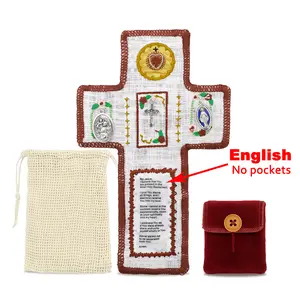 Handmade Catholic Prayer Pocket – Sacred Heart & Virgin Mary Crucifix with Prayer Card | Vintage Fabric Travel Blessing Bag for Home Altar, Hospital Visits, Gift for Mom & Grandma | Religious Comfort, Healing Faith, Spiritual Communion | Drawstring Sack