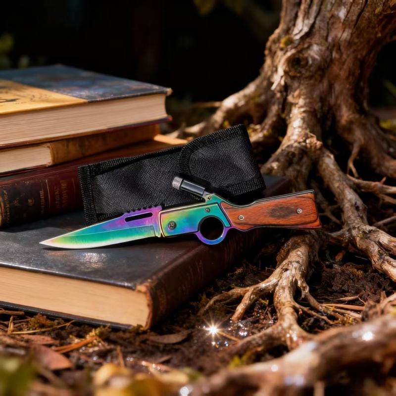 Multi-functional folding knife, quick flip, rotating to turn on the light, safety lock, folding design, suitable for wilderness survival, camping, exploration, hunting, and as a gift for friends and family