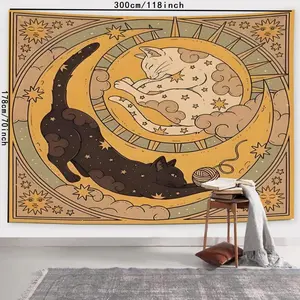 Cat & Moon Pattern Tapestry, Starry Sky Pattern, Boho Style Wall Hanging Decor, Wall Hanging Ornament for Home Living Room Bedroom Office Decor