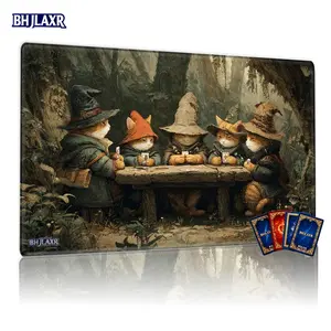 Five Anthropomorphic Cats in Wizard Attire MTG Playmat 12x24inch Non-Slip TCG Game Mat, Magical Enchanted Forest Themed Gaming Mouse Pad for Card Games, Family Gatherings, & Gift