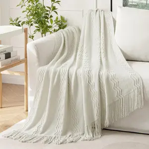 Cream White Knitted Throw Blanket for Couch Textured Knit Blanket with Tassels Cozy Woven Boho Bed Blanket for Sofa Bed Chair  Wave  50"x60"