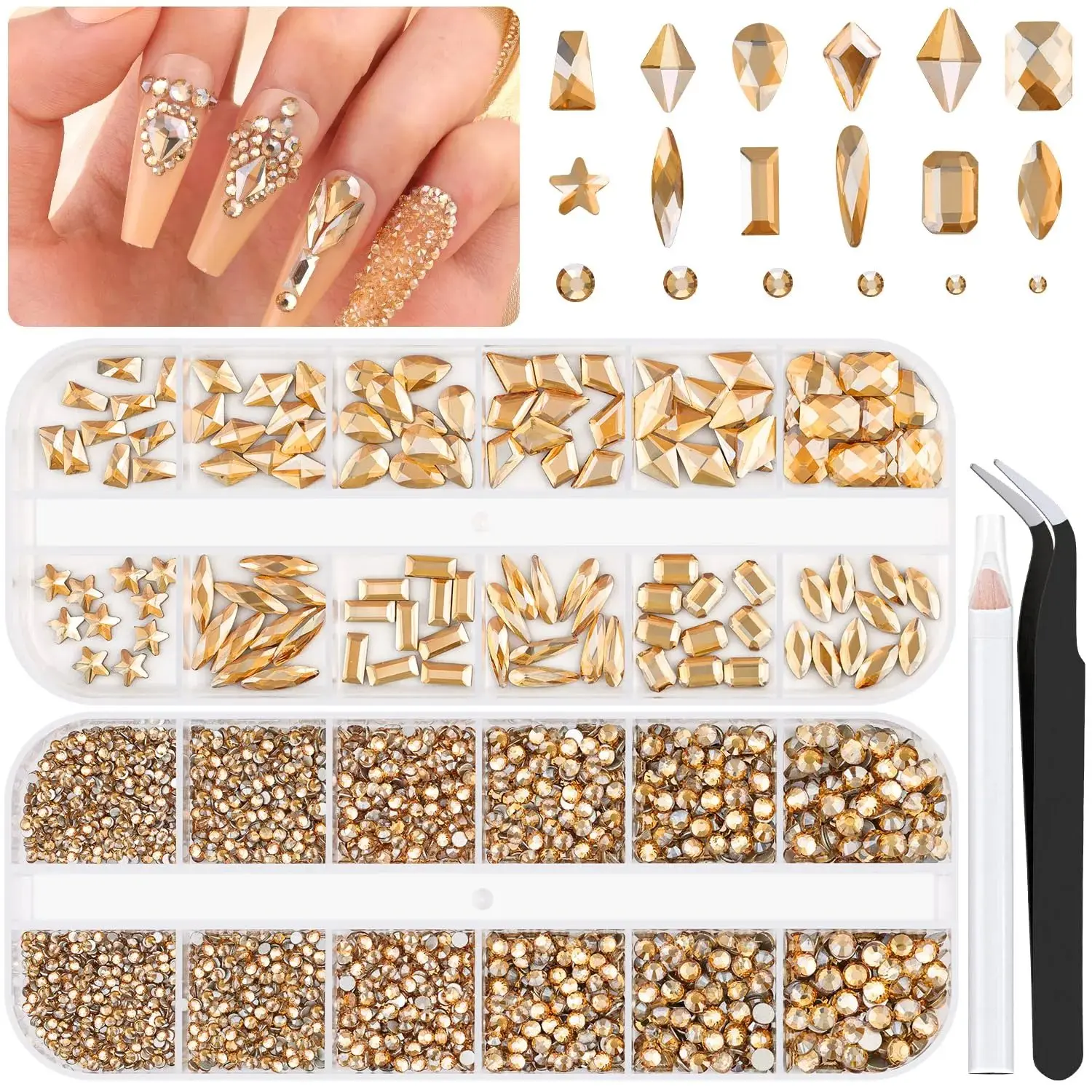 Champagne Gold Glass Nail Rhinestones Multi Shapes Flatback Gems Crystal+ Round Beads, Manicure Diomand Gemstones for Nail Design Makeup Acrylic Nails Decoration
