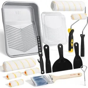 9 Inch Paint Roller Kit 17 pcs with Plastic Paint Tray, Clear Disposable Tray Liners, 4" & 9" Roller Frame, Roller Covers, Angle Brush, Plastic Scrappers, Can Opener and Stirring Rod