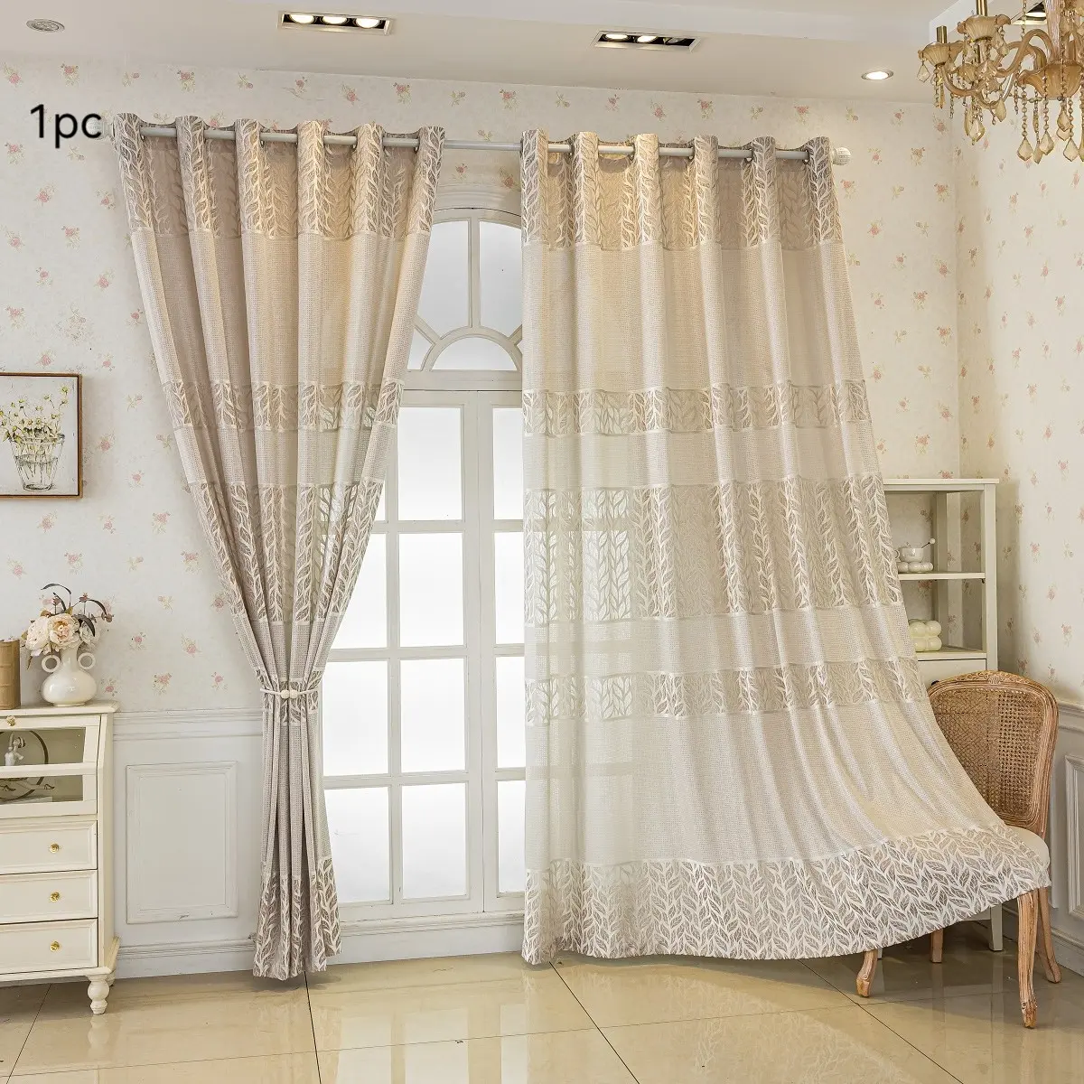 1 Panel Sheared Velvet Texture Jacquard Curtain, Cream Tone Living Room & Bedroom Blackout Ready-Made Curtain, New Chinese Style, European Jacquard Curtain, Window Curtain