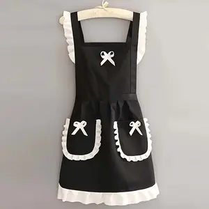 Cute Japanese Lace-Trimmed Adjustable Apron for Women - Polyester Kitchen Apron with Pockets, Ruffled Hem & Bow Details Black/Brown Ideal for Cooking Baking Restaurant Workwear Cute Apron Baking Accessory Feminine Design Breathable Material Culin Strap
