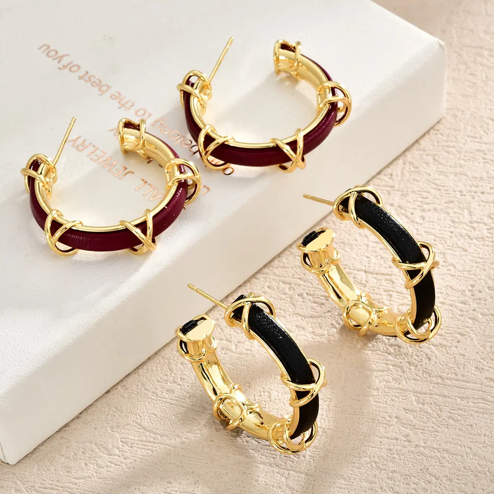  2025 WINTER Burgundy & Black Earrings For Women LEATHER HOOP EARRINGS| 22K REAL GOLD PLATED Copper Earring