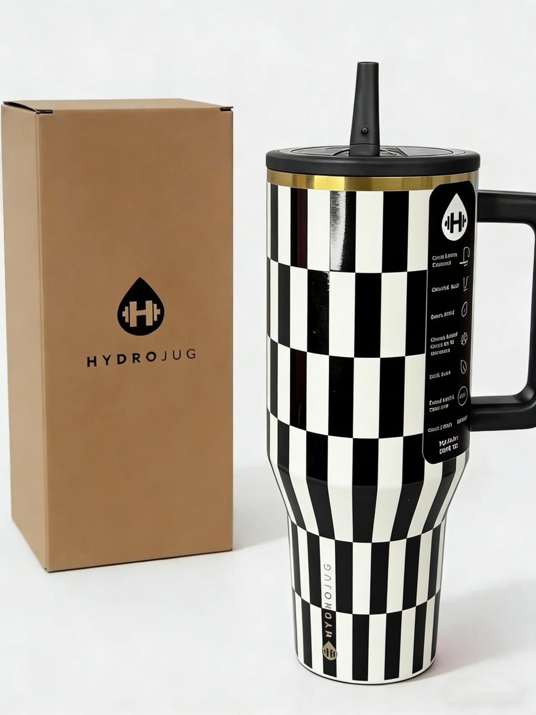 HydroJug 40oz Checkered Tumbler Retro Style Stainless Steel Insulated Flask 24H Cold 12H Hot Leak Proof Lid Convenient Handle for Iced Coffee Hot Tea Drinkware Water Bottles Mug Bottled Portable
