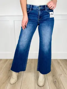 Women's Risen Scout Vintage Style Tummy Control Mid-Rise Wide Leg Cropped Jeans - Dark Wash, Raw Hem, Non-Distressed, Cotton-Spandex Blend
