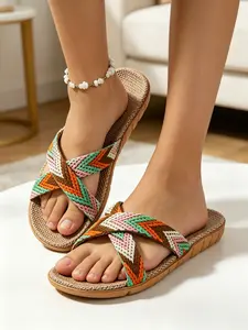 Bohemian Style Breathable Linen House Slippers, Cross Strap Weave Design, Anti-Slip Durable, Ideal for Bedroom Living Room Daily Use