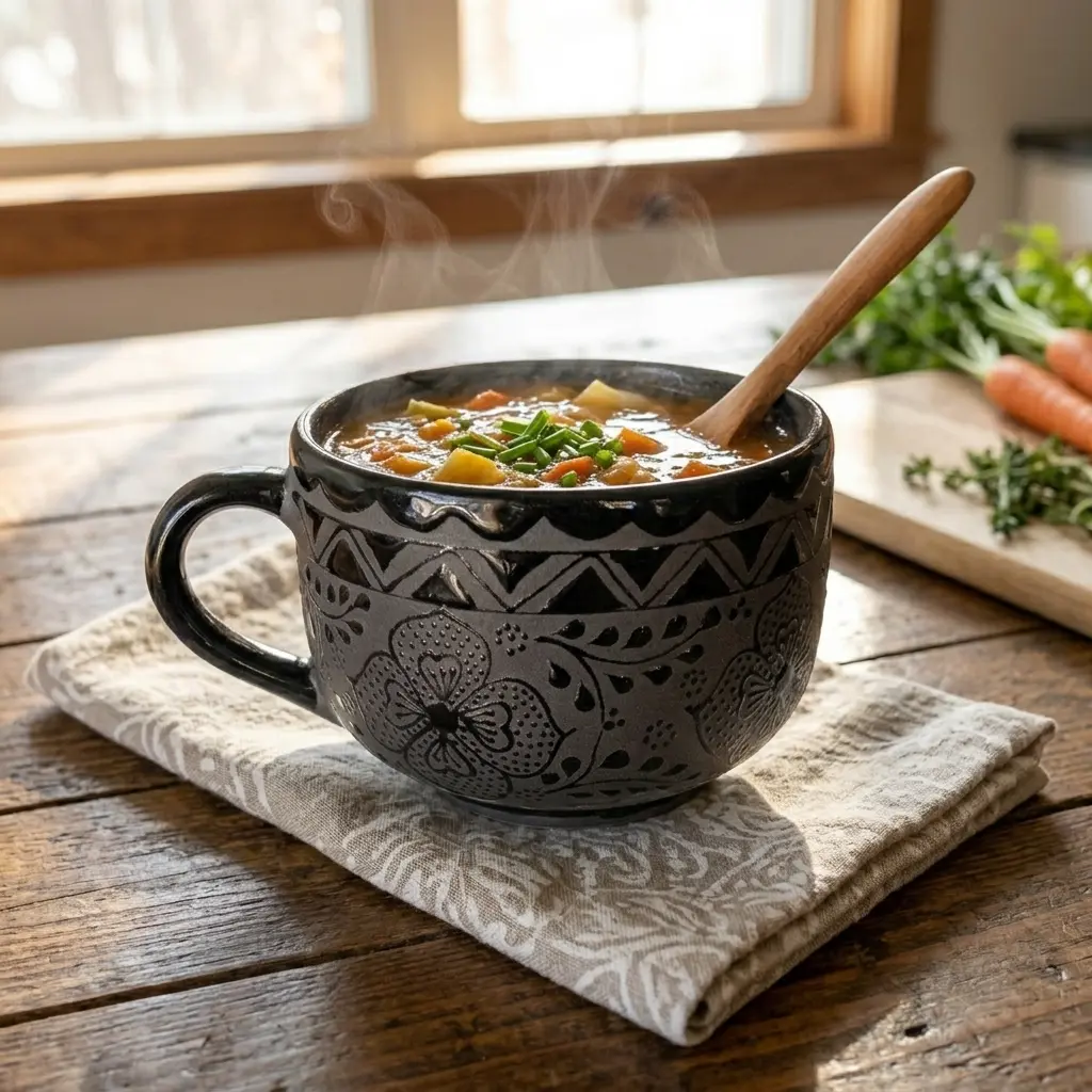 22 oz Sturdy Ceramic Stoneware Mug - Handmade Rustic Pottery Tableware for Soup, Coffee, Tea - Floral Design, Food-Safe for Coffee Bar Use