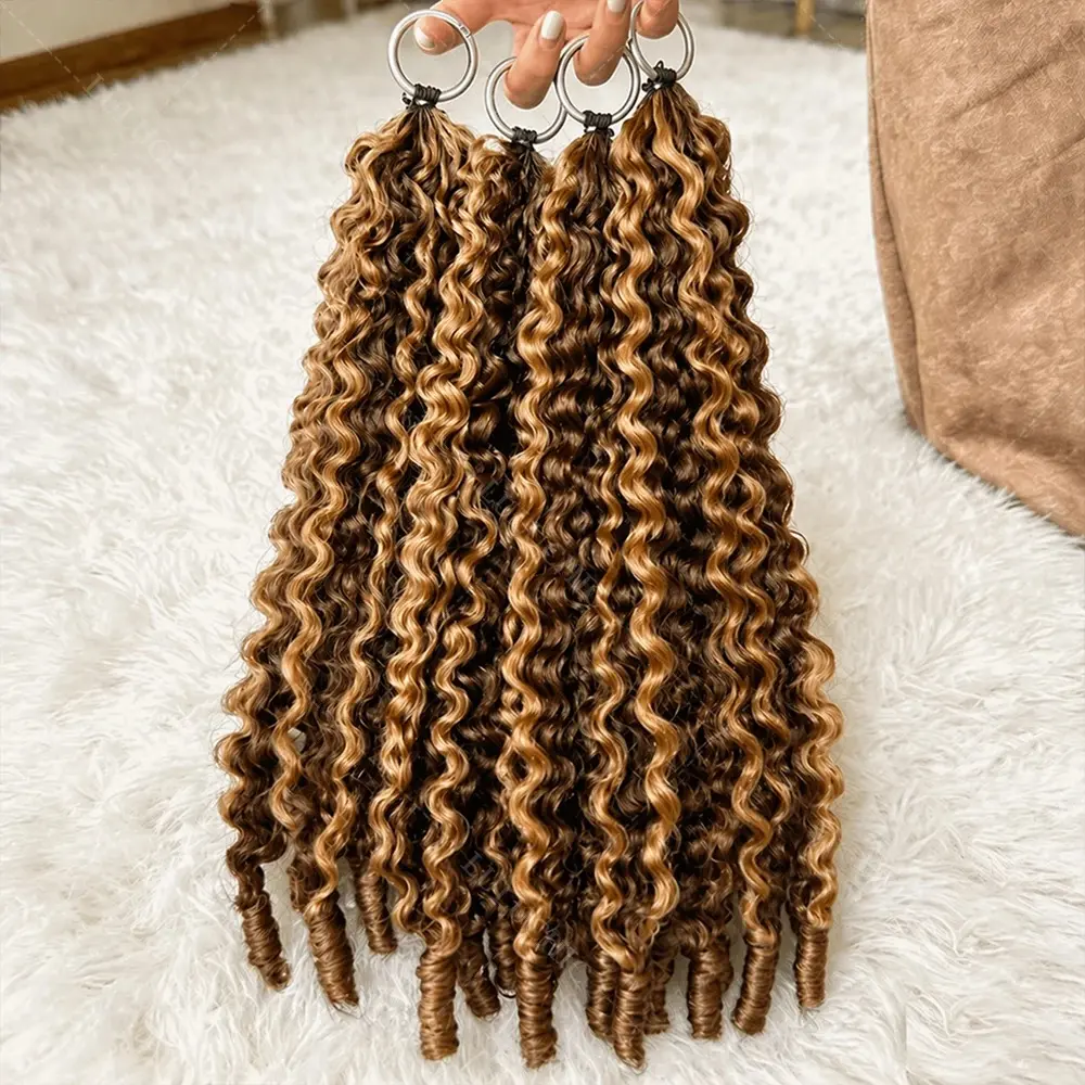 [NEW IN] P4-27 Highlight Burmese Curly Feather Crochet Hair Pre Separated Knotless Crochet Extension With Spiral Curly End For Braiding 33# 99J Color Human Hair Bundles