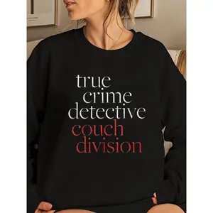 Women's "True Crime Detective Couch Division" Graphic Sweatshirt - Beige Crew Neck Long Sleeve with Playful Geometric Print | Cozy Casual All Season Comfort | Funny Design Soft Stretchy Sweatshirt