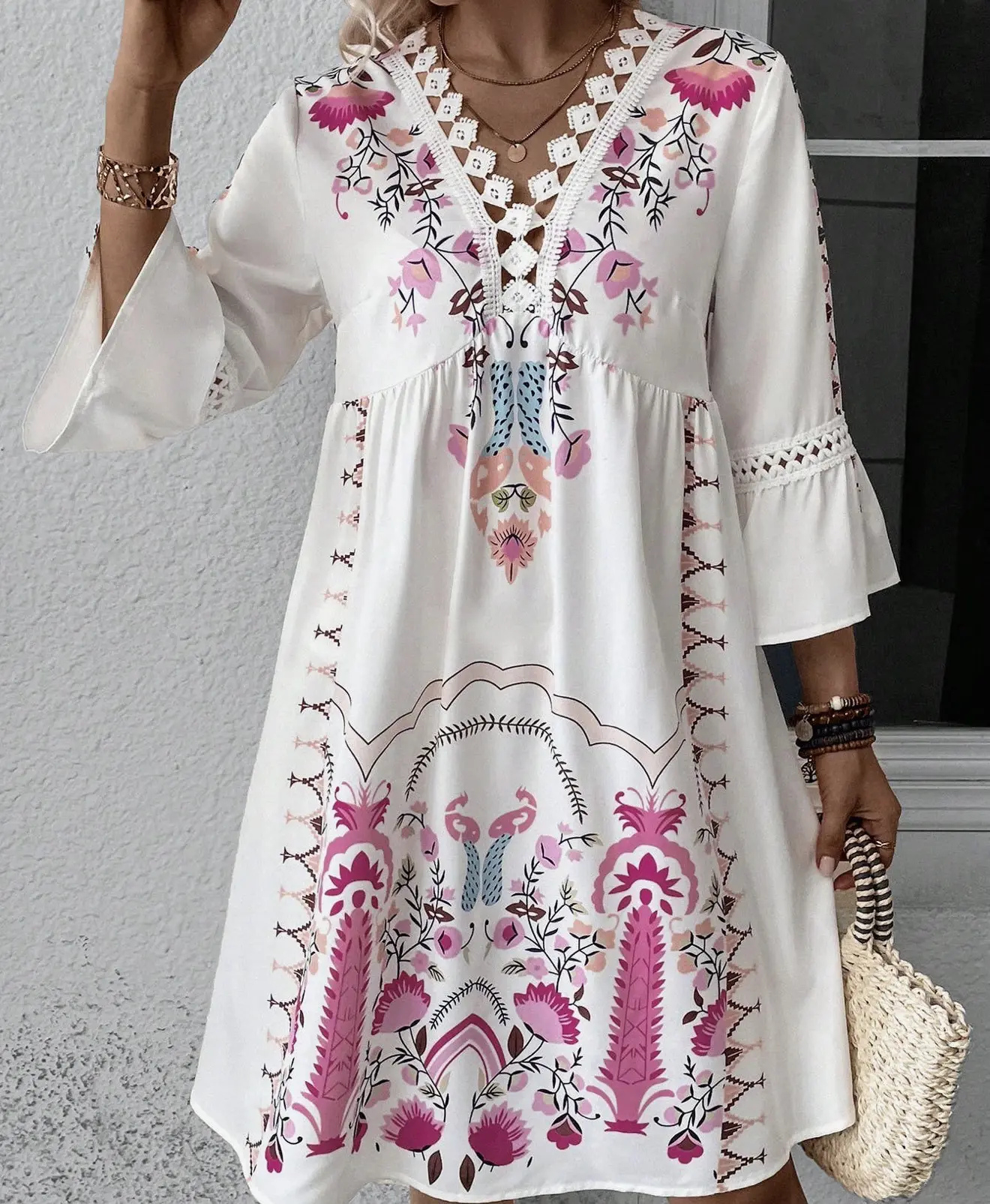 V-Neck Lace Patchwork Boho Printed Dress