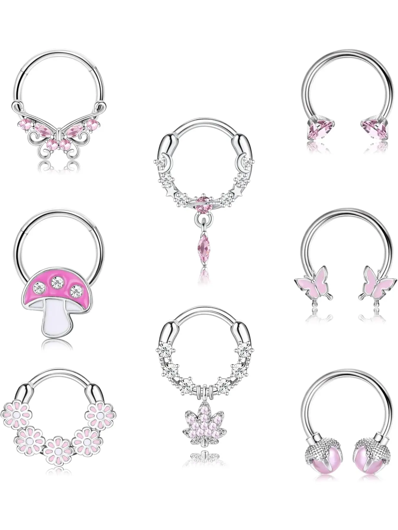 8Pcs Nose Rings Hoops for Women, Body Piercings Set, 316L Steel Septum Clicker Rings Hinged CZ Silver Nose Ring Hoop 16G Eyebrow Lip Cartilage Tragus Rook Helix Conch Daith Piercing Jewelry 8mm/10mm