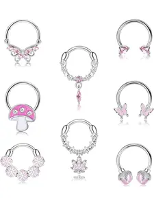 8Pcs Nose Rings Hoops for Women, Body Piercings Set, 316L Steel Septum Clicker Rings Hinged CZ Silver Nose Ring Hoop 16G Eyebrow Lip Cartilage Tragus Rook Helix Conch Daith Piercing Jewelry 8mm/10mm