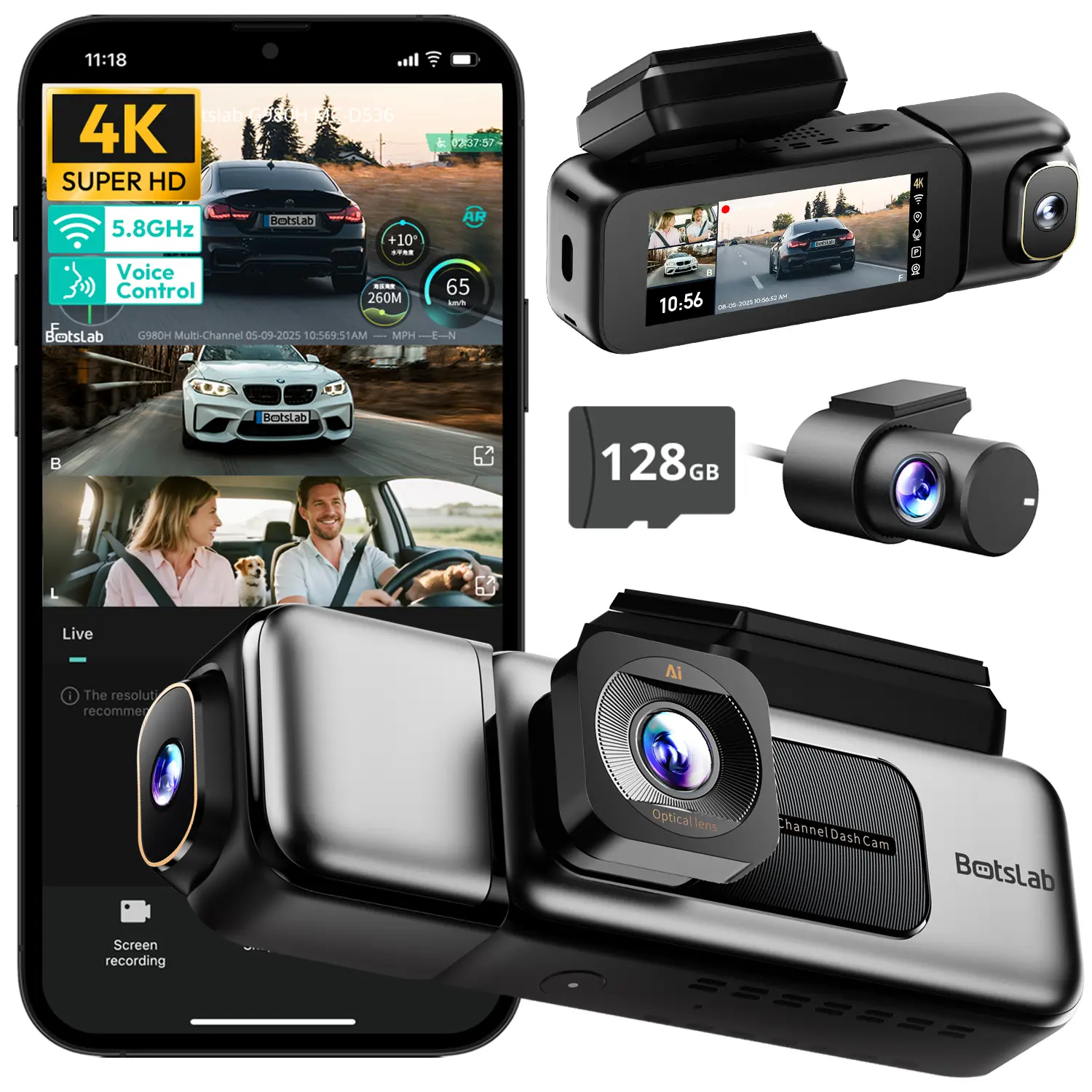 Botslab 4K 3 Channel Dash Cam, 3.18" Touch Screen, Voice Control, Front & 1080P Rear Inside Loop Recording, Free 128GB Card,5.8GHz WiFi, GPS, Night Vision, WDR, Parking Mode,Record, Security,Dash Cam