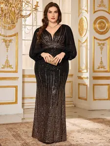 UNITHORSE [Random Print Design] Plus Size V-Neck Chiffon Lantern Balloon Sleeve Gradient Sequin Ruched Waist Fitted Bodycon Formal Wear Evening Gown Dress, Party Dress, Wedding Guest Dress, Graduation Dress, Womenswear
