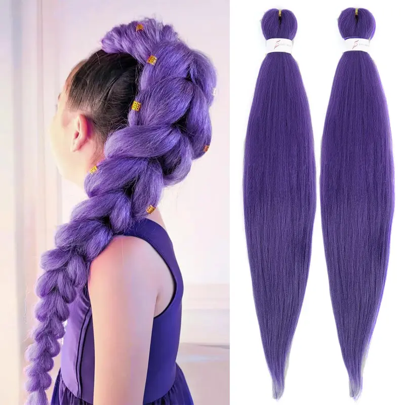 YOUNGTHER 24in Pre-Stretched Purple Synthetic Braiding Hair Extensions, 2-Pack for Hair Braids, Cosplay & Volume-Boosting Styling Needs