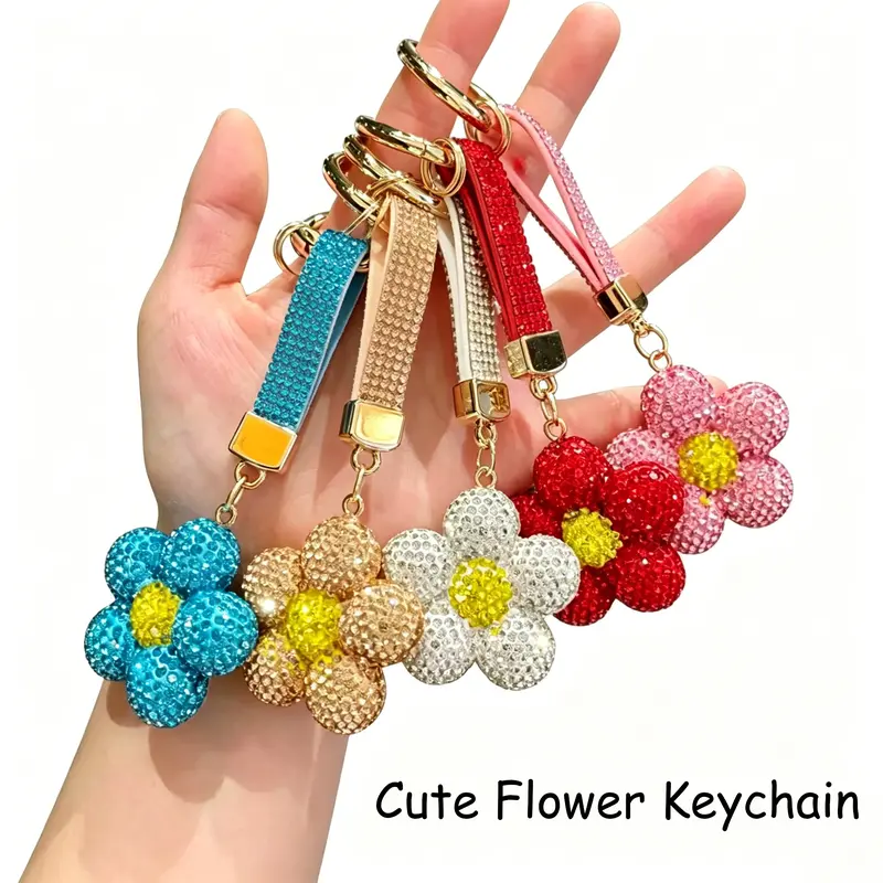 Women's Rhinestone Flower Keychain - Bling Diamond Finish Glitter Flower Key Charm, Diamond-Like Shine Bag Charm Keychain for Fashion Backpack Decor